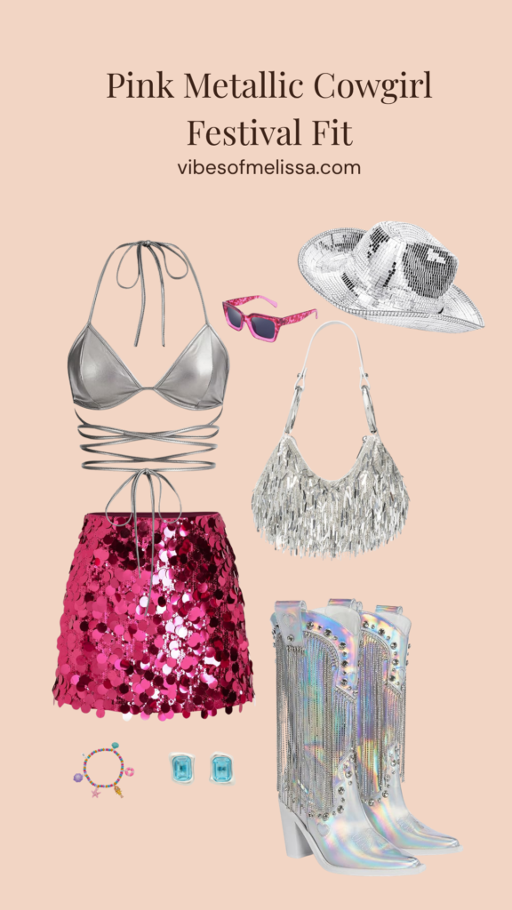 Pink metallic cowgirl festival outfit flatlay with silver halter top, hot pink sequin mini skirt, disco mirror cowgirl hat, holographic fringe boots, silver fringe bag, pink sunglasses, and gem earrings