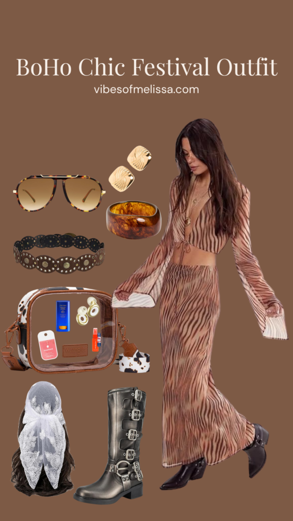 Boho chic festival outfit flatlay with sheer tiger-stripe maxi co-ord set, tortoiseshell cuff bracelet, aviator sunglasses, gold earrings, studded belt, clear Wrangler crossbody bag, black moto buckle boots, and lace headscarf