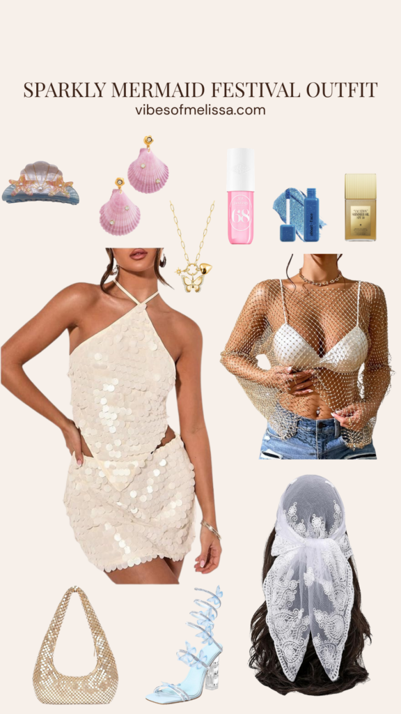 Sparkly mermaid festival outfit collage with cream paillette sequin mini dress, rhinestone fishnet top, seashell hair clip, pink shell earrings, butterfly necklace, gold chain mesh bag, blue butterfly heeled sandals, lace headscarf, blue glitter eye pigment, and shimmer SPF oil